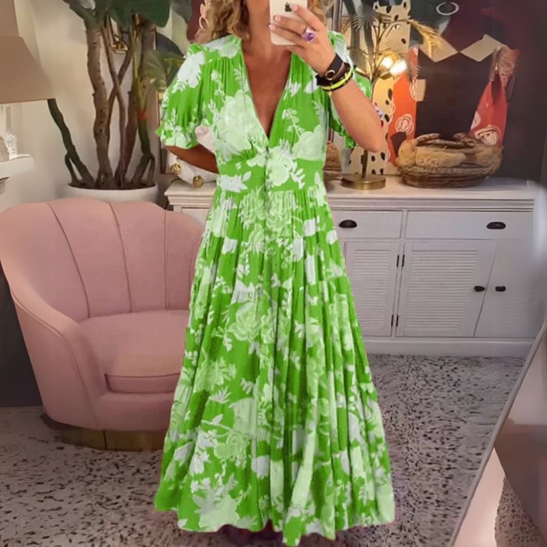 Vestido cómodo con escote en pico y bolsillos