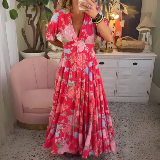 Vestido cómodo con escote en pico y bolsillos